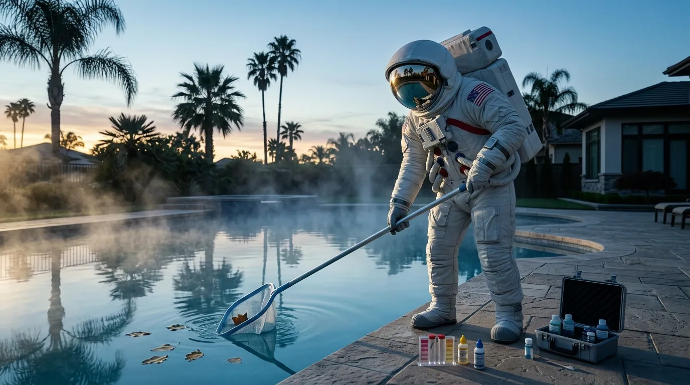 An astronaut uses a long-handled skimmer net to clean a steaming outdoor pool at dawn with palm trees in the background.