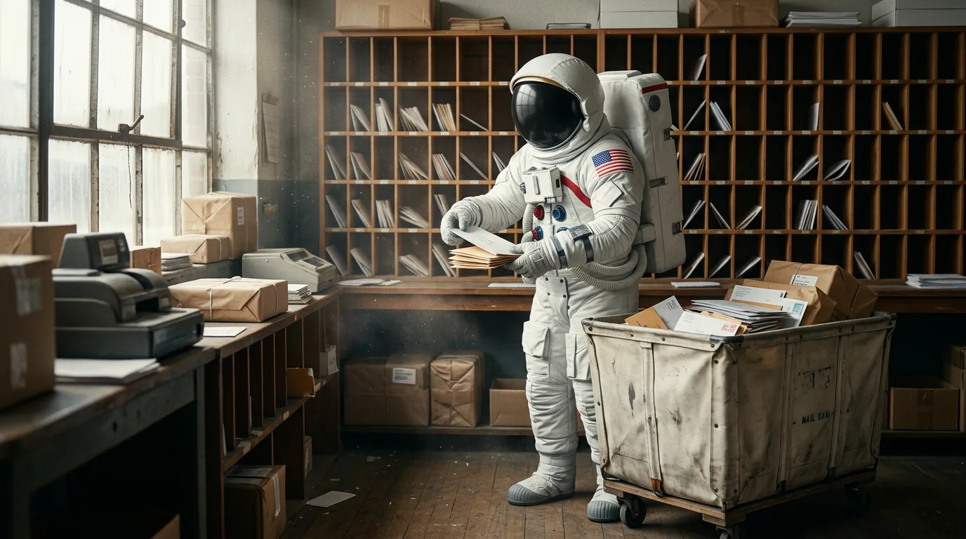 An astronaut sorts packages and mail at an old-fashioned post office sorting counter lined with wooden cubbies.
