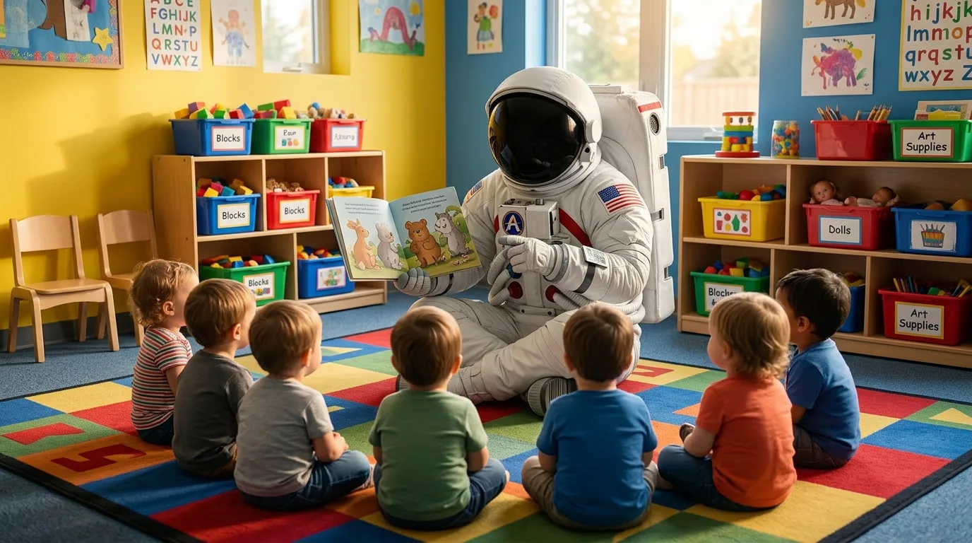 An astronaut sits on a colorful classroom rug reading a picture book to a semicircle of young children in a bright preschool room.