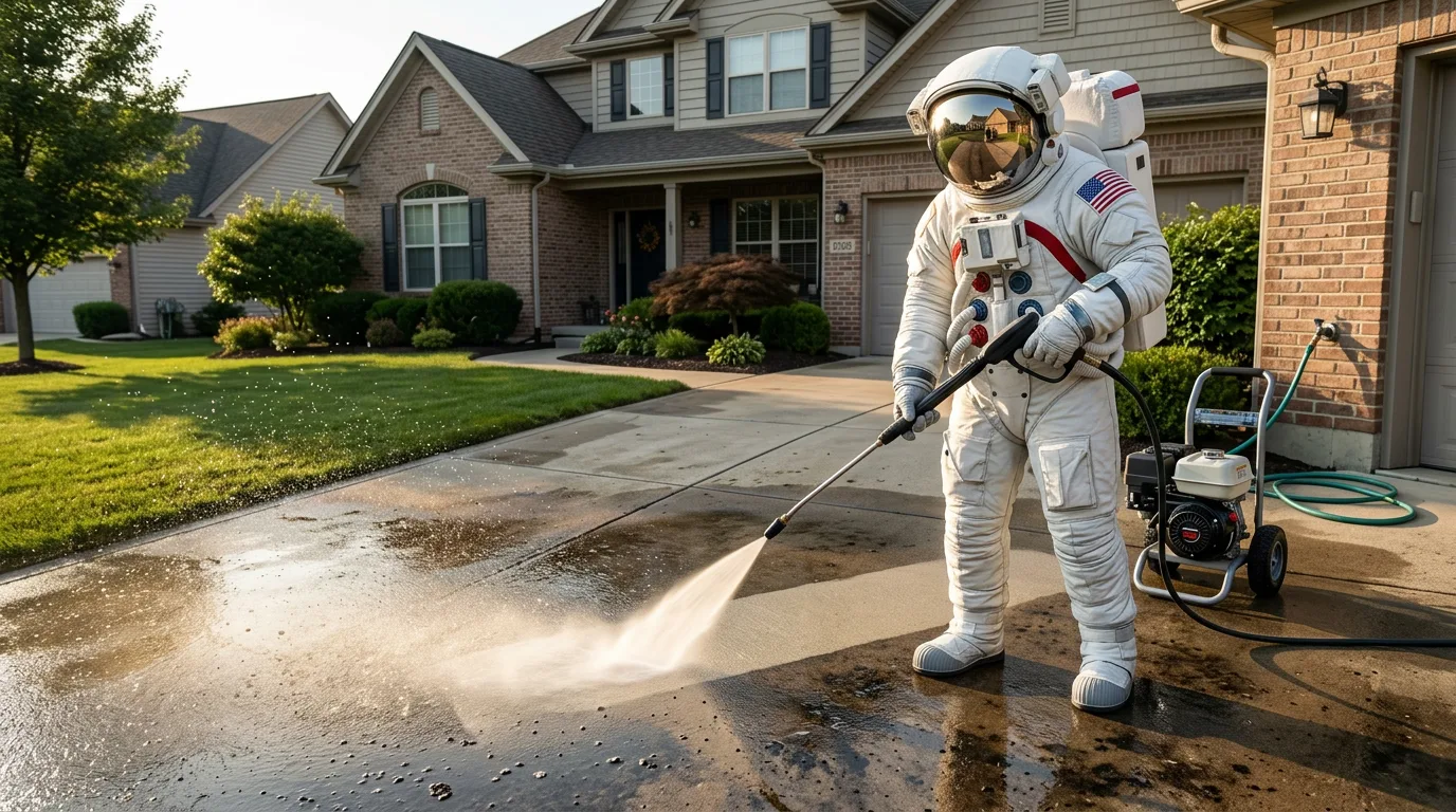 An astronaut aims a pressure washer wand at a wet concrete driveway in front of a suburban brick home.
