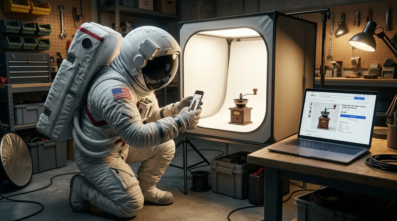 An astronaut crouches beside a portable photo lightbox in a garage workspace, holding a phone while a laptop shows a product listing.