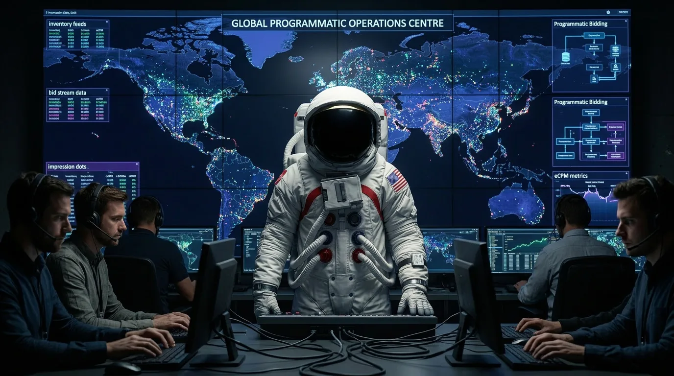 An astronaut stands at a central workstation in a darkened operations center surrounded by analysts at screens showing world maps and data.