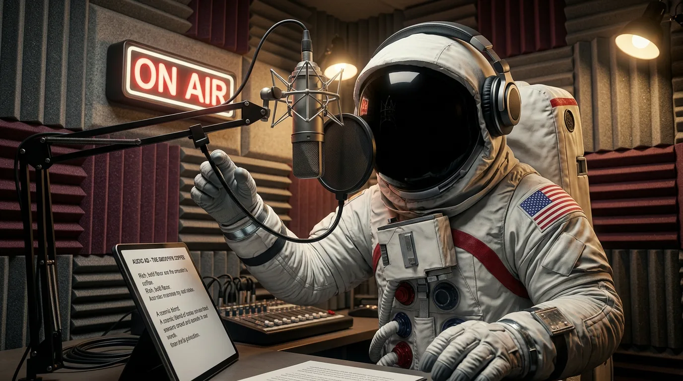 An astronaut wearing headphones sits at a studio microphone under an on-air sign, gesturing mid-broadcast.