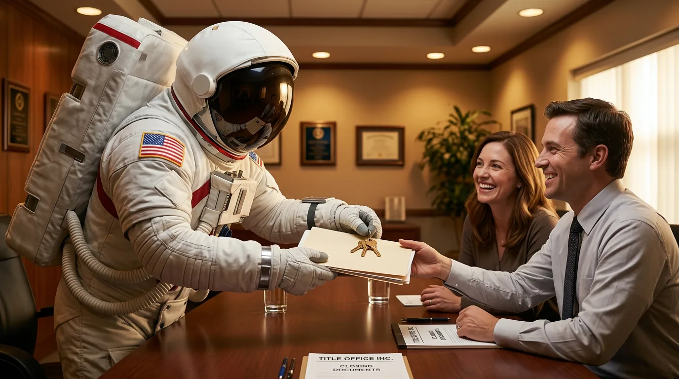 An astronaut hands signed documents across a conference table to a smiling couple at a real estate title office.