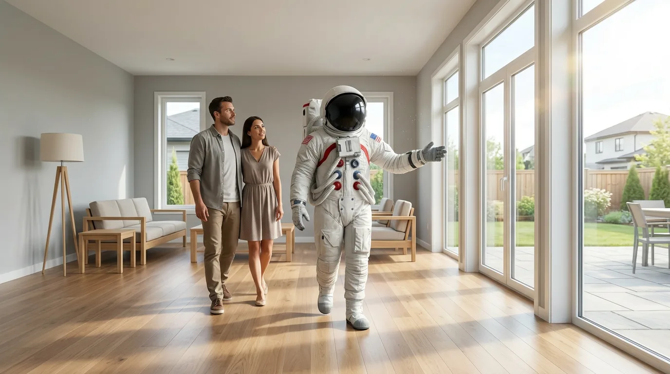 An astronaut gestures around an empty sunlit living room while a young couple looks on during a real estate showing.
