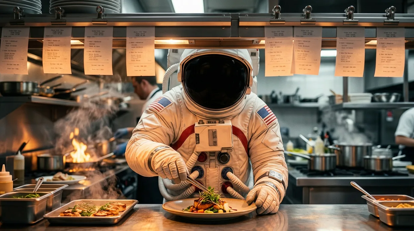 An astronaut leans over a plate of food on the pass in a busy commercial kitchen with open flames and ticket rails visible.