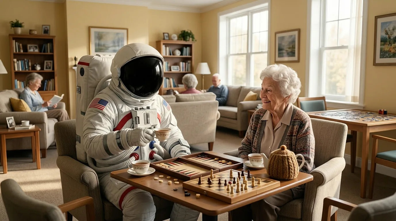 An astronaut sits across a backgammon board from a smiling elderly woman in a bright residential common room.