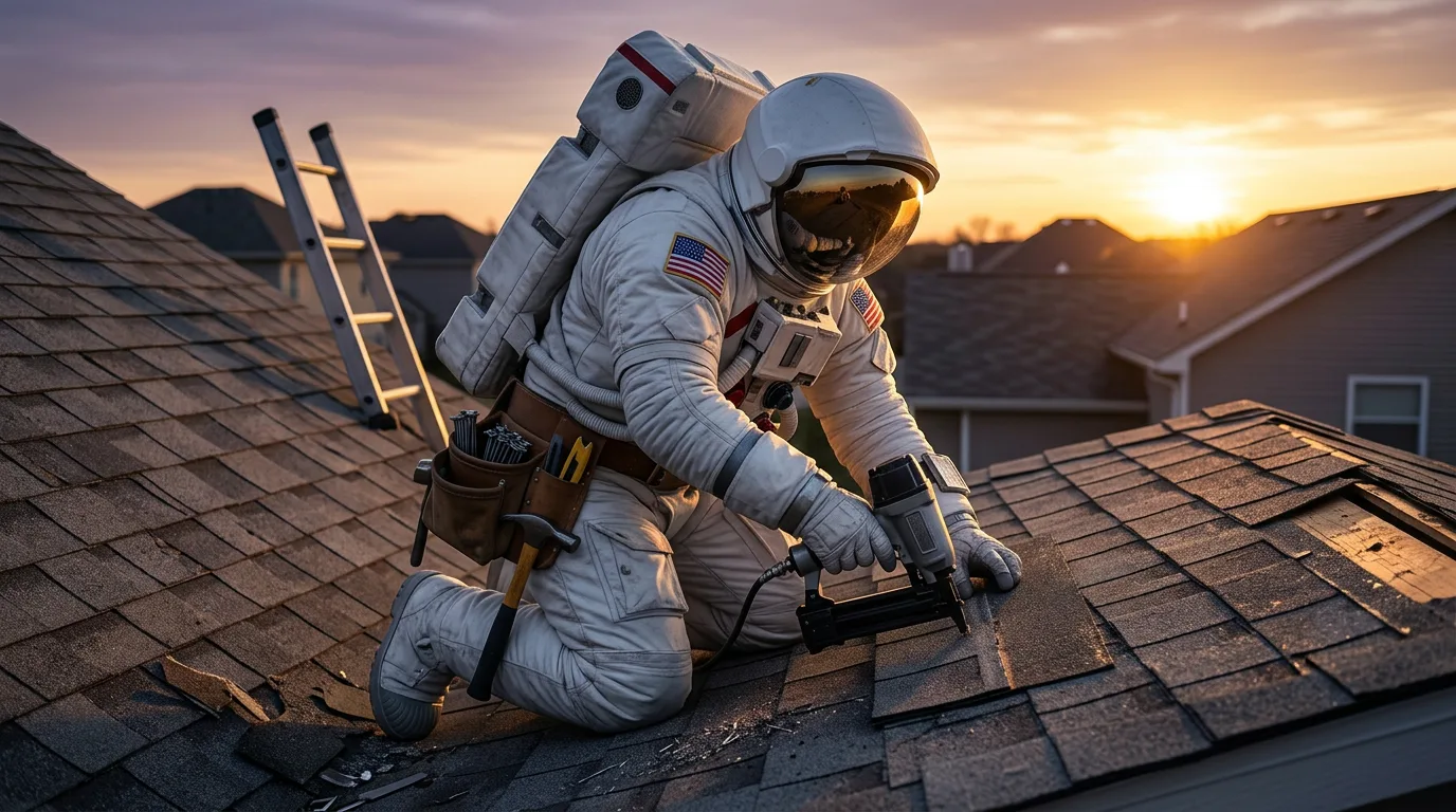 An astronaut kneels on a residential shingled roof at sunset using a tool near a ladder propped against the edge.