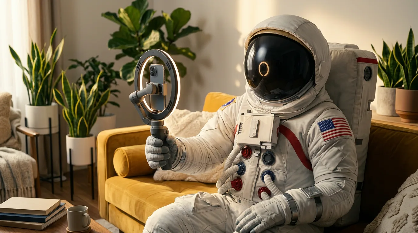 An astronaut holds a smartphone on a gimbal stabilizer while seated on a yellow armchair in a bright living room filled with plants.