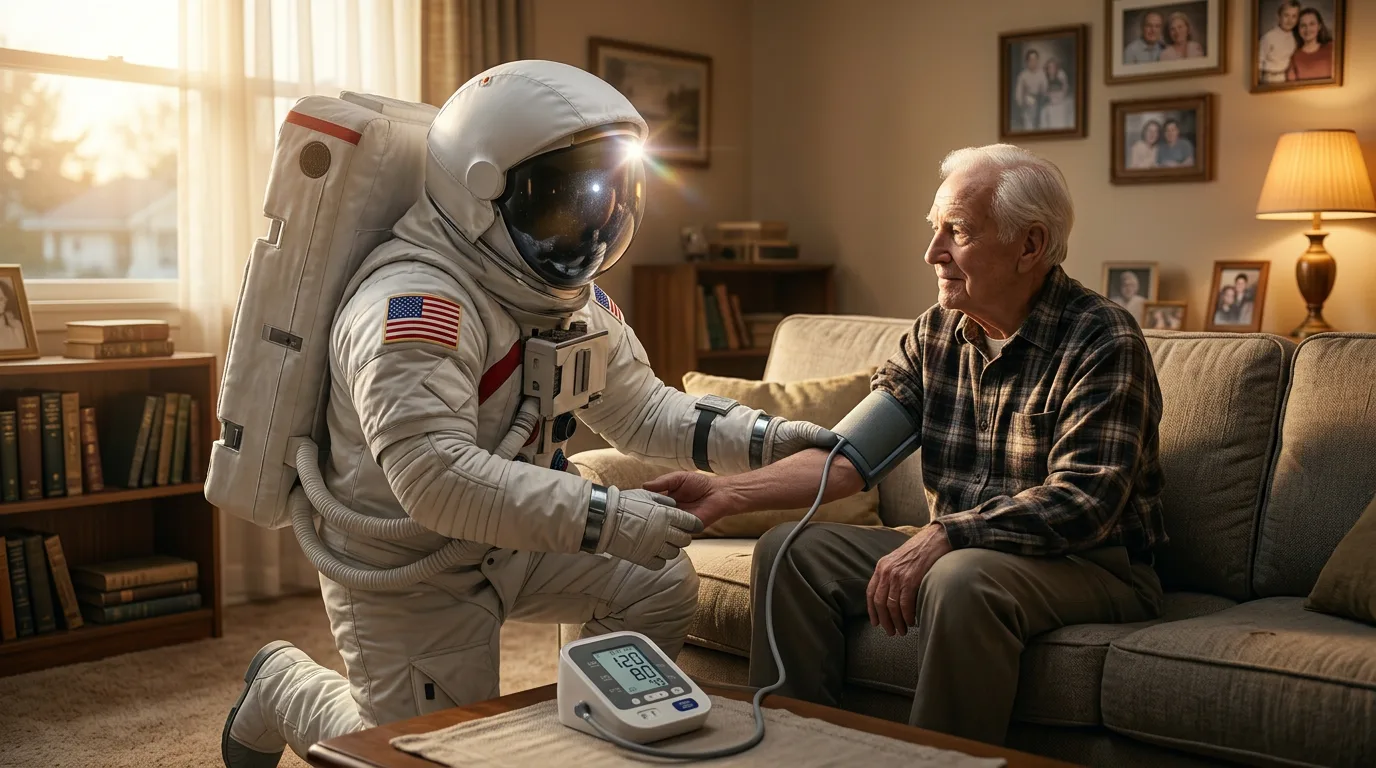 An astronaut kneels beside an elderly man on a living room couch and takes his blood pressure with a monitor.