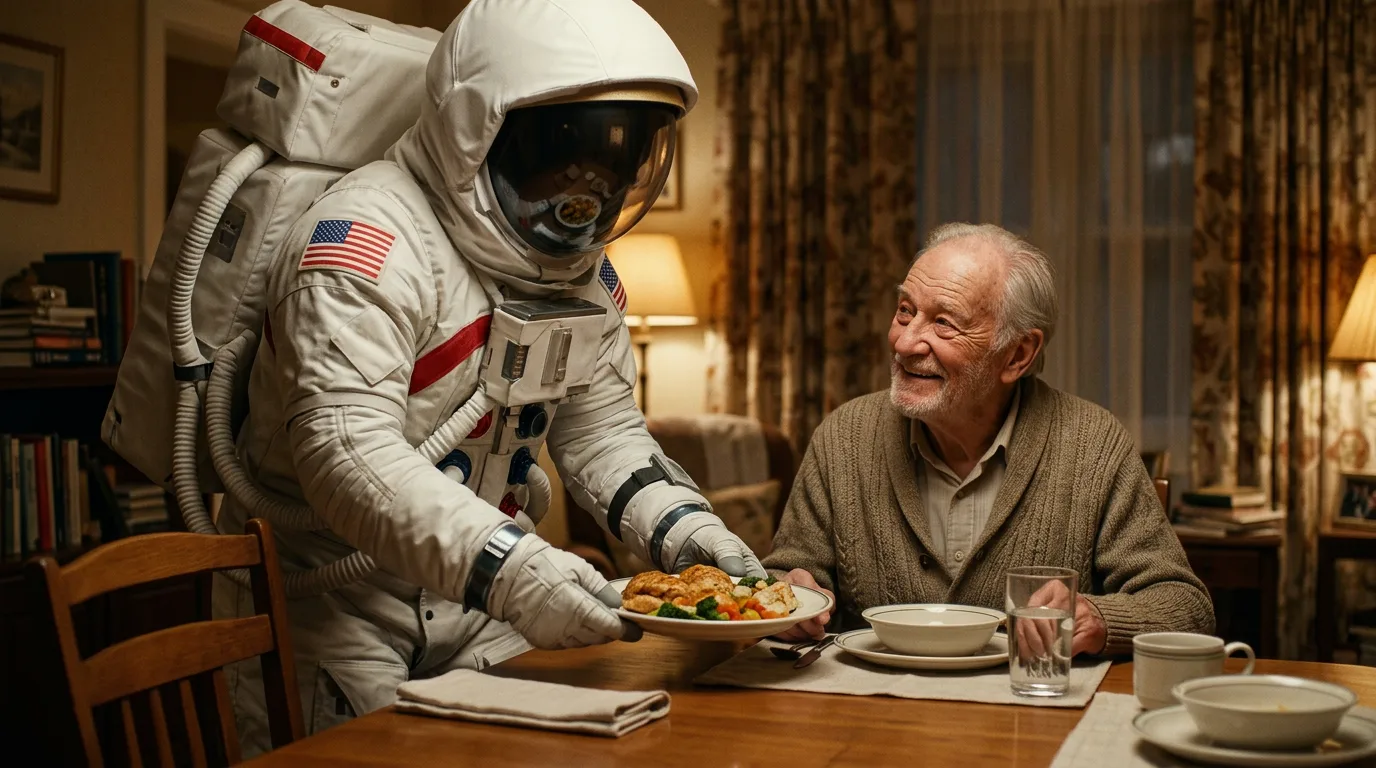 An astronaut sets a dinner plate in front of a smiling elderly man seated at a dining room table.