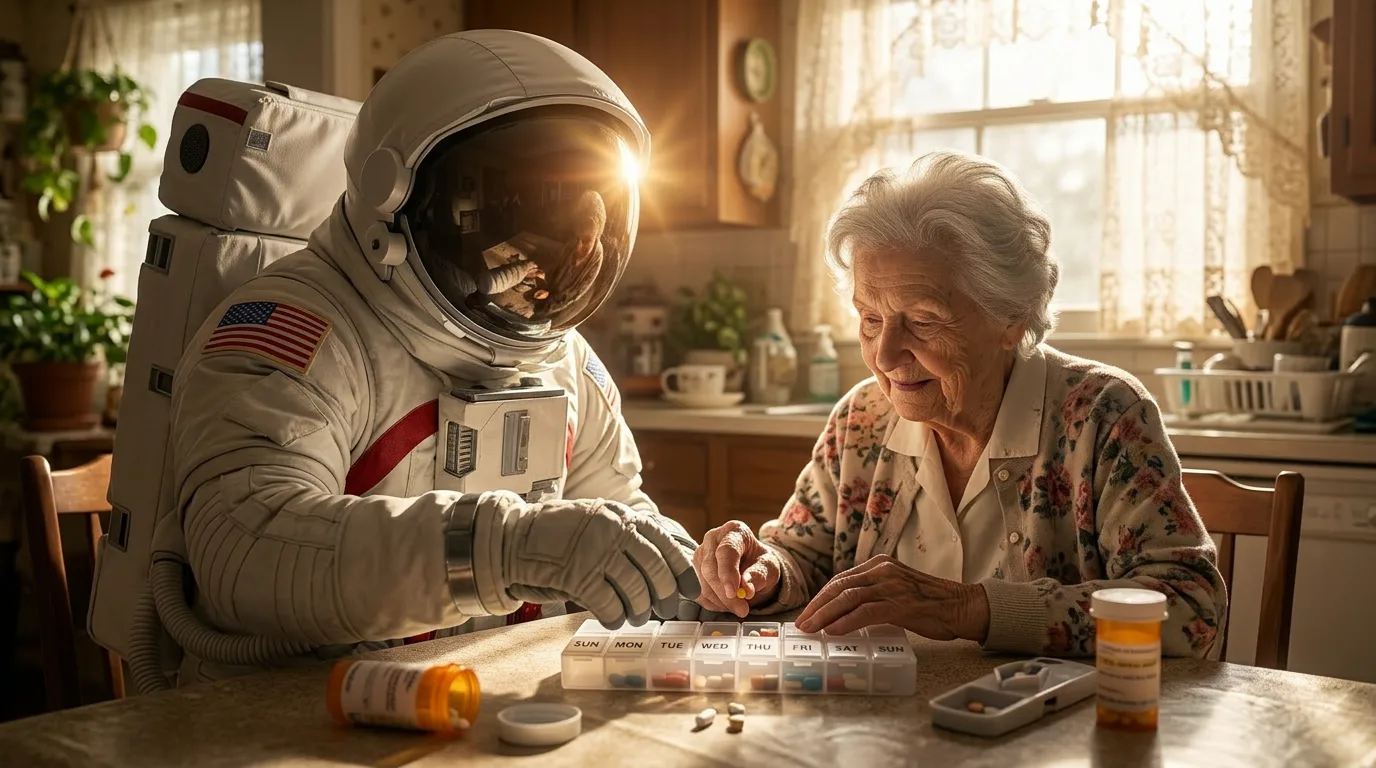 An astronaut leans over a kitchen table helping an elderly woman sort pills into a weekly medication organizer.