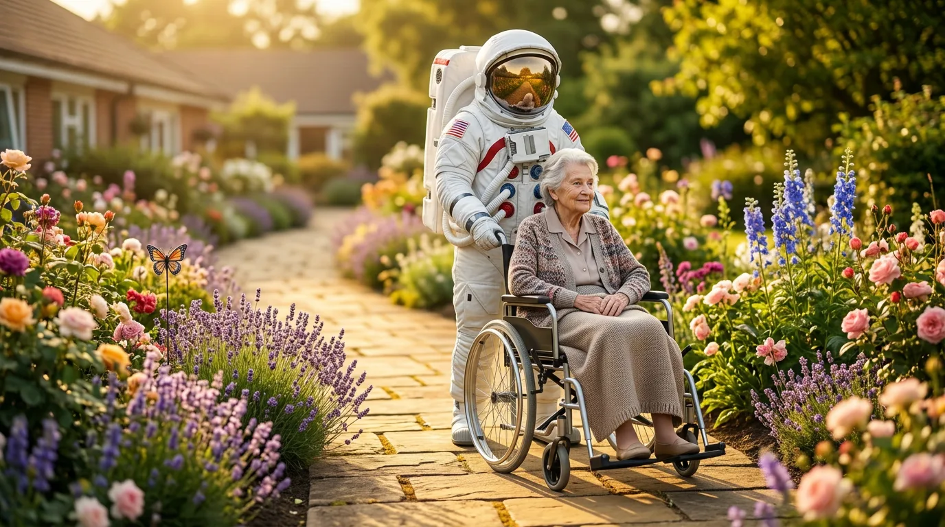 An astronaut pushes a smiling elderly woman in a wheelchair along a flower-lined garden path in warm afternoon light.