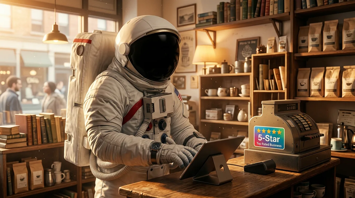 An astronaut taps on a tablet at a retail shop counter with a five-star review notification on screen, shelves of packaged goods behind.