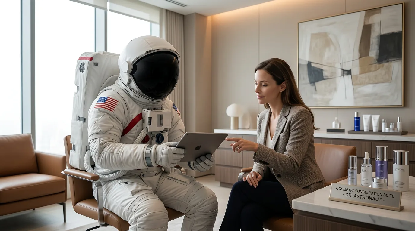 An astronaut sits across from a consultant in a bright spa office reviewing a tablet together with skincare products on a shelf behind.