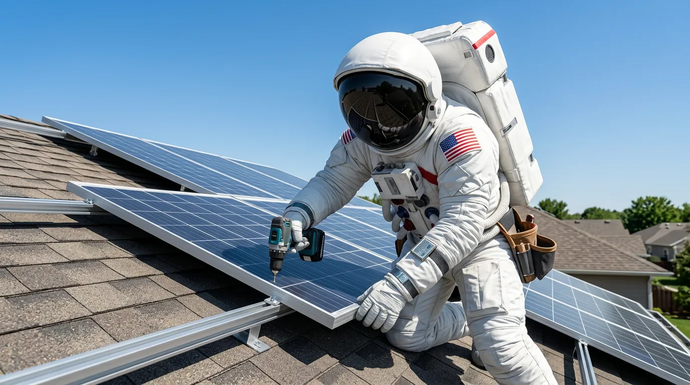 An astronaut drills solar panels onto a residential rooftop on a clear sunny day with a suburban neighborhood below.