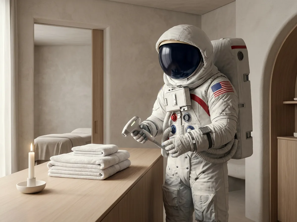 An astronaut stands in a minimal spa room holding a folded white towel next to a stack of linens on a counter.