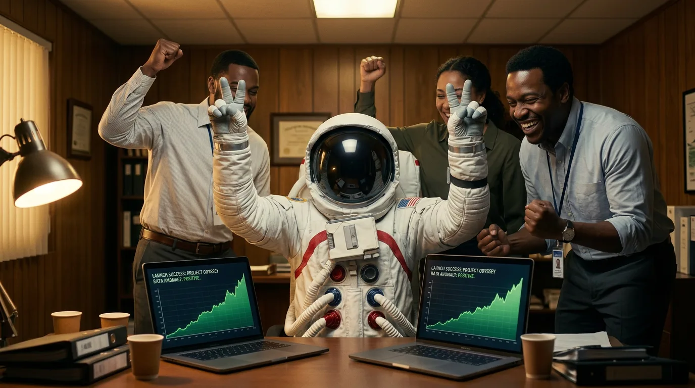 An astronaut raises both arms in celebration alongside two colleagues cheering in front of laptops showing an upward trending chart.