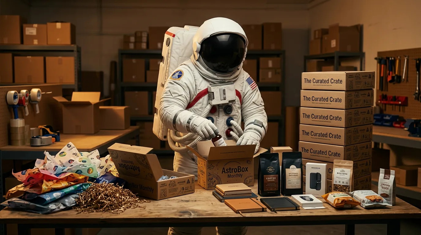 An astronaut packs and tapes branded subscription boxes on a workroom table stacked high with finished boxes and product.