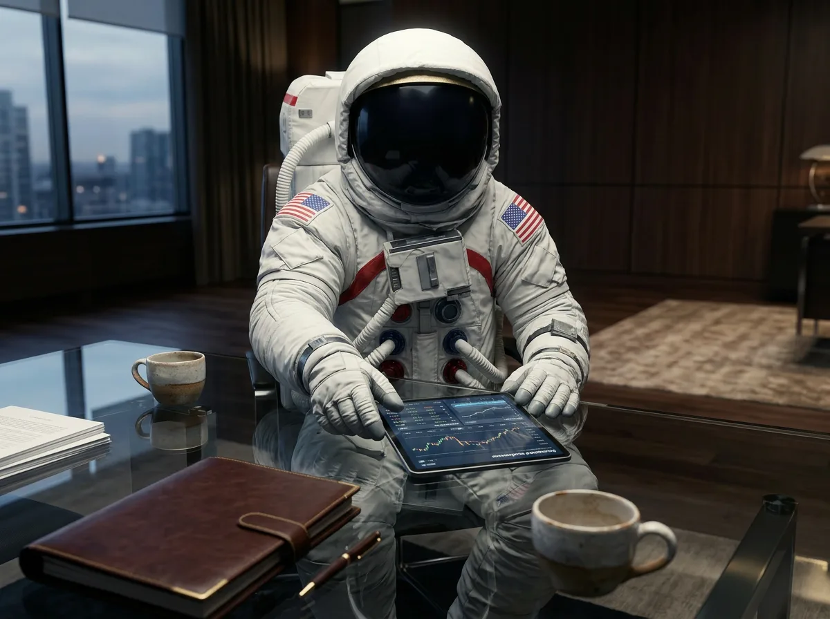 An astronaut sits at a glass desk in a high-rise office reviewing financial charts on a tablet with coffee cups nearby.