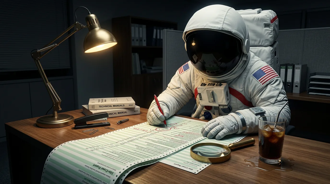 An astronaut leans over a wide printed tax form on a desk under a lamp with a magnifying glass nearby.