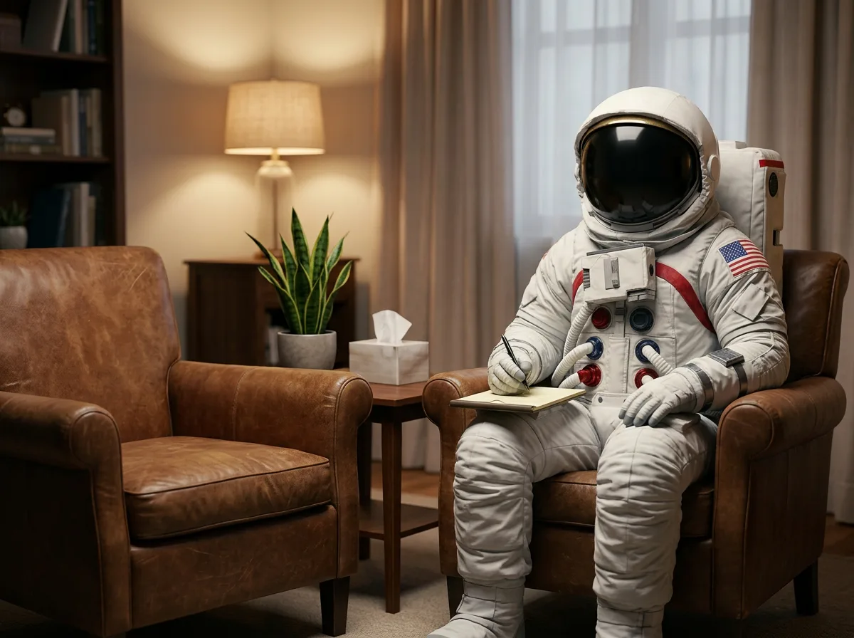 An astronaut sits in a leather armchair in a warmly lit therapy office holding a notepad beside a tissue box.