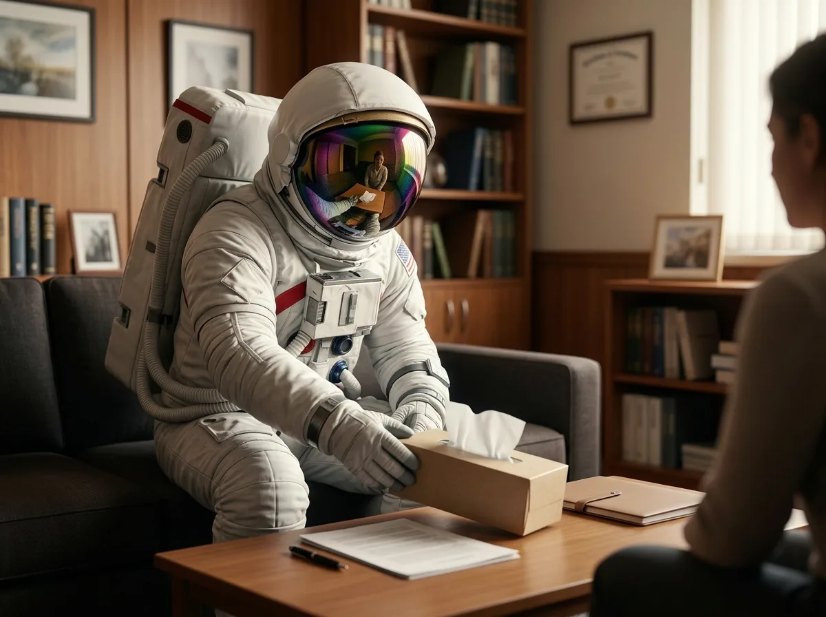 An astronaut sits on a couch in a therapist's office reaching toward a tissue box on the coffee table.