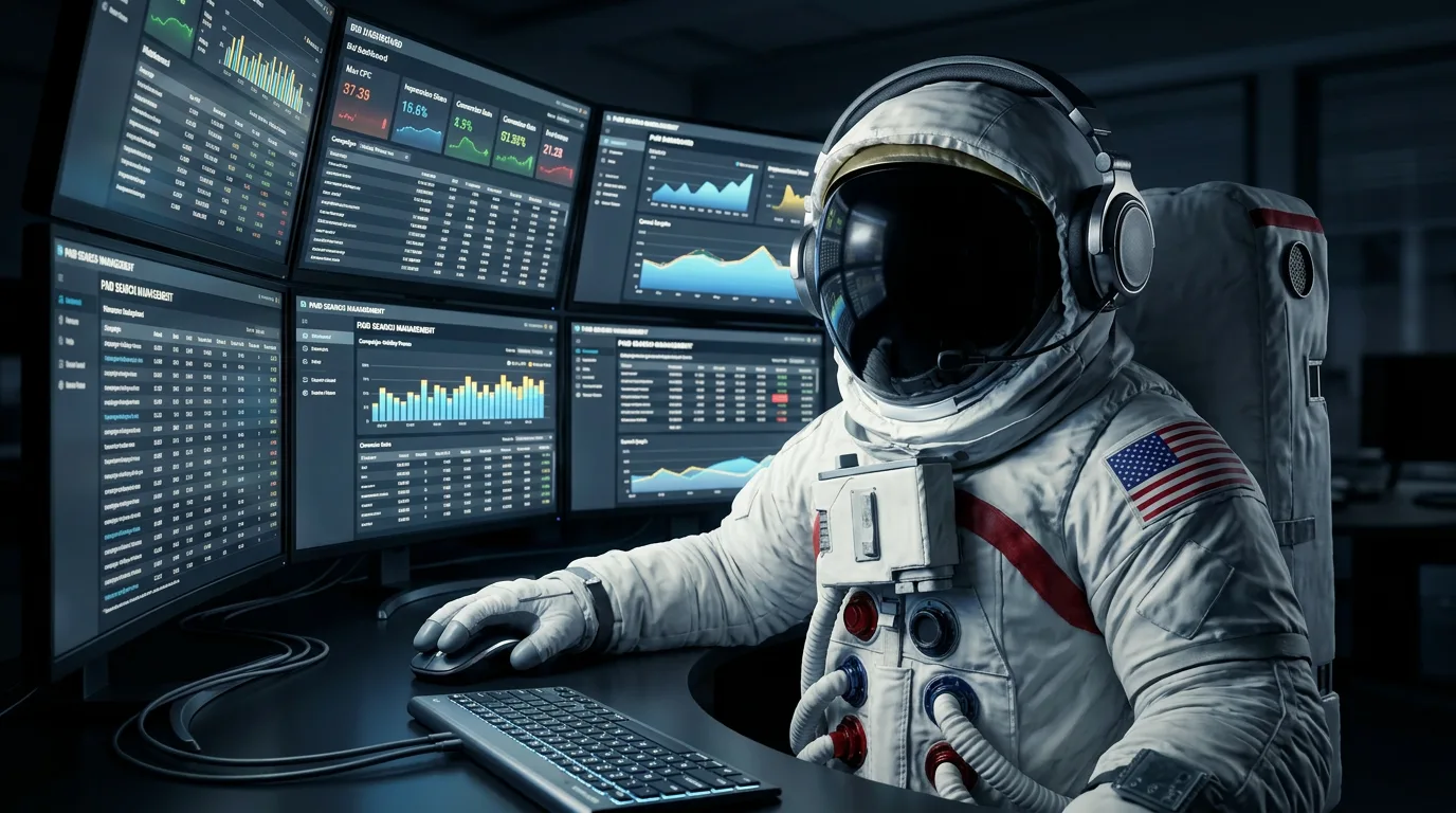 An astronaut sits at a curved multi-monitor trading desk displaying stock charts, graphs, and financial data in a dark room.
