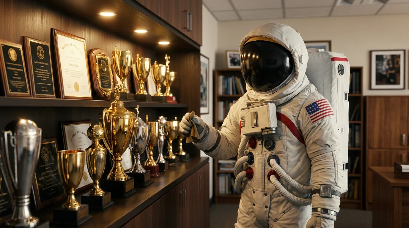 An astronaut inspects a row of gold trophies and award plaques displayed on shelves in a wood-paneled office.
