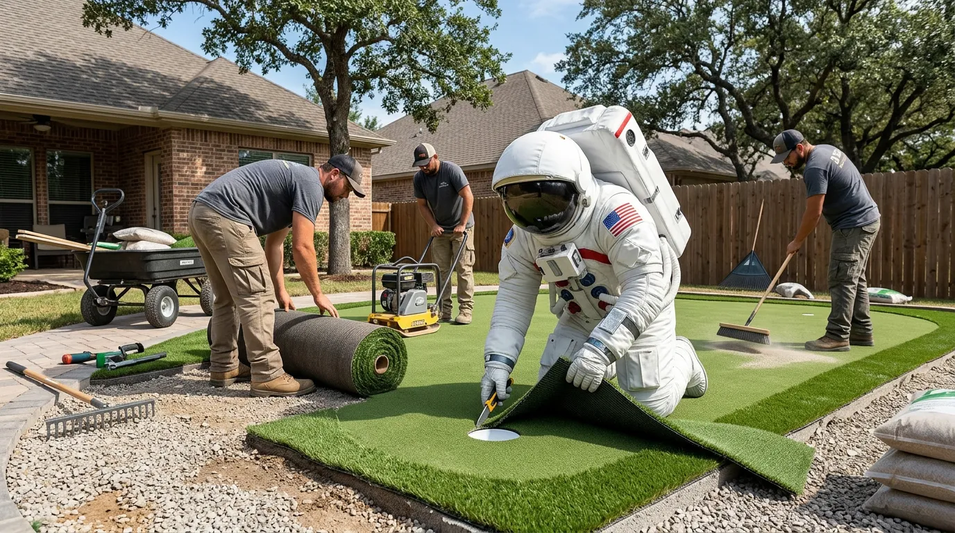 An astronaut kneels to install artificial turf in a suburban backyard while a crew lays and rolls out turf behind him.