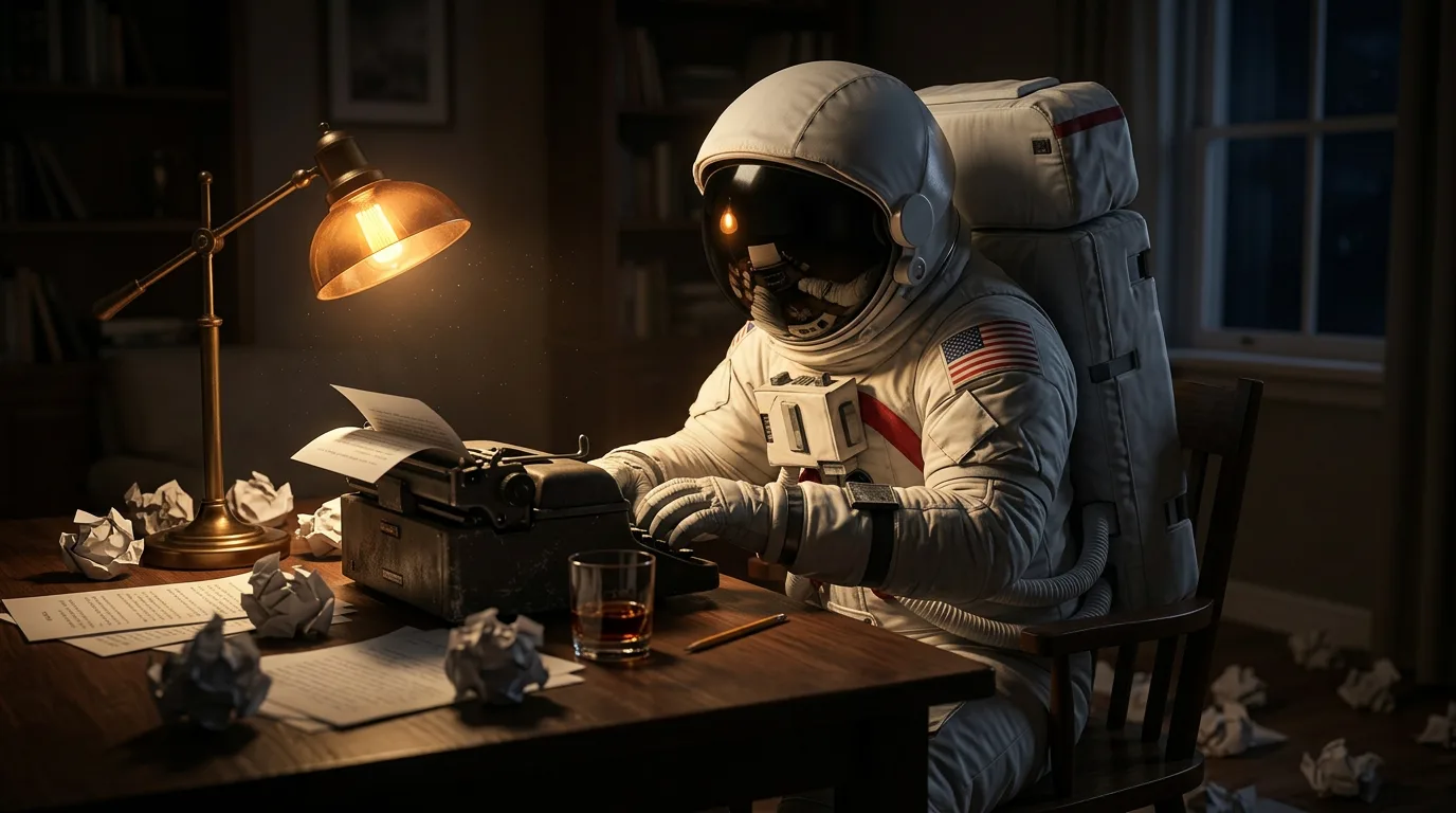 An astronaut sits at a dimly lit wooden desk typing on a vintage typewriter surrounded by crumpled paper and a glass.