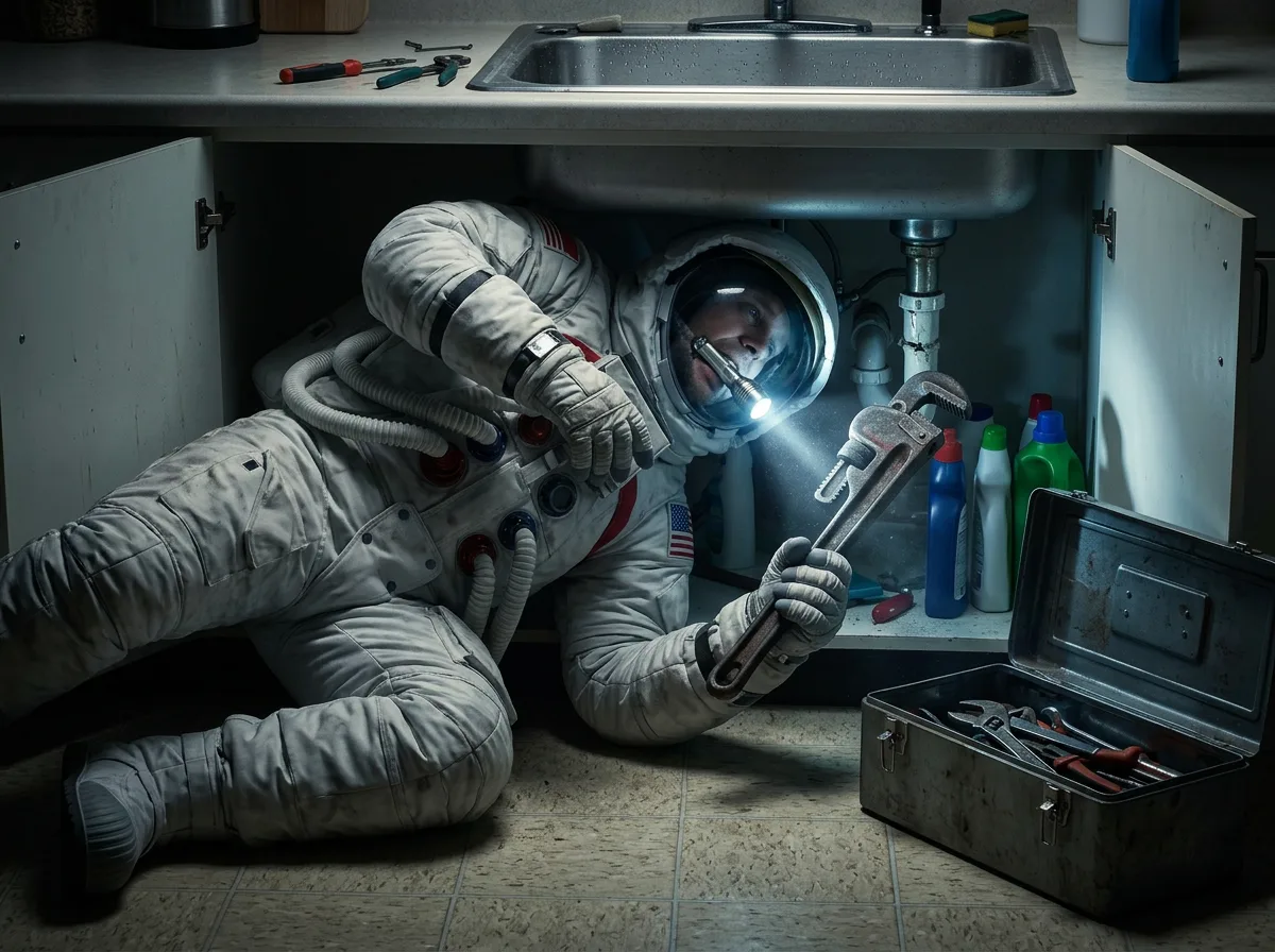 An astronaut lies on the floor shining a flashlight under a kitchen sink while holding a wrench.