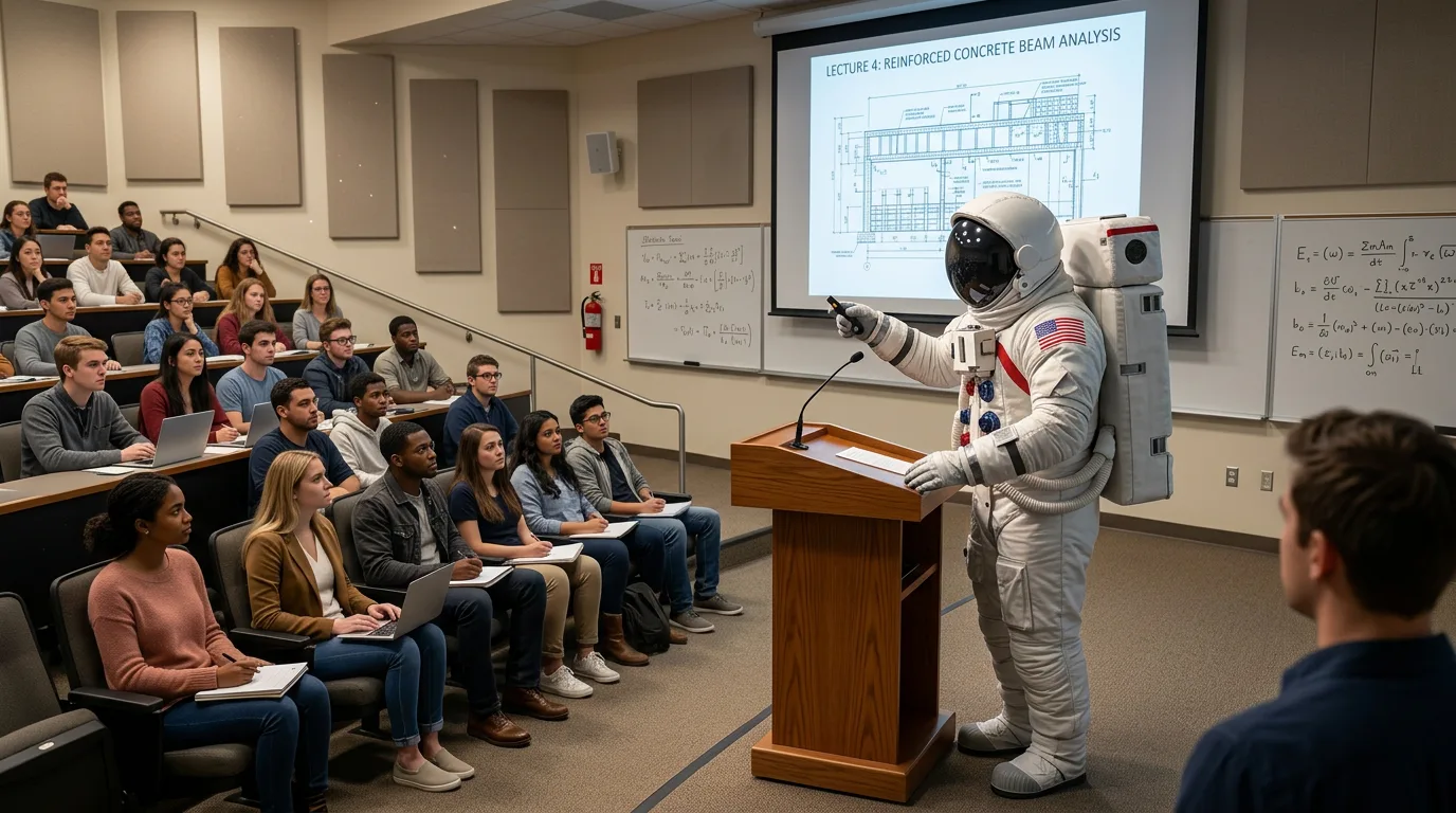 An astronaut stands at a podium pointing to a projected slide in front of a full university lecture hall of students.