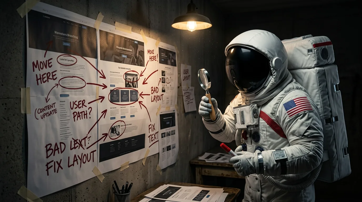 An astronaut studies a wall covered in UX critique notes and wireframe printouts with handwritten annotations.