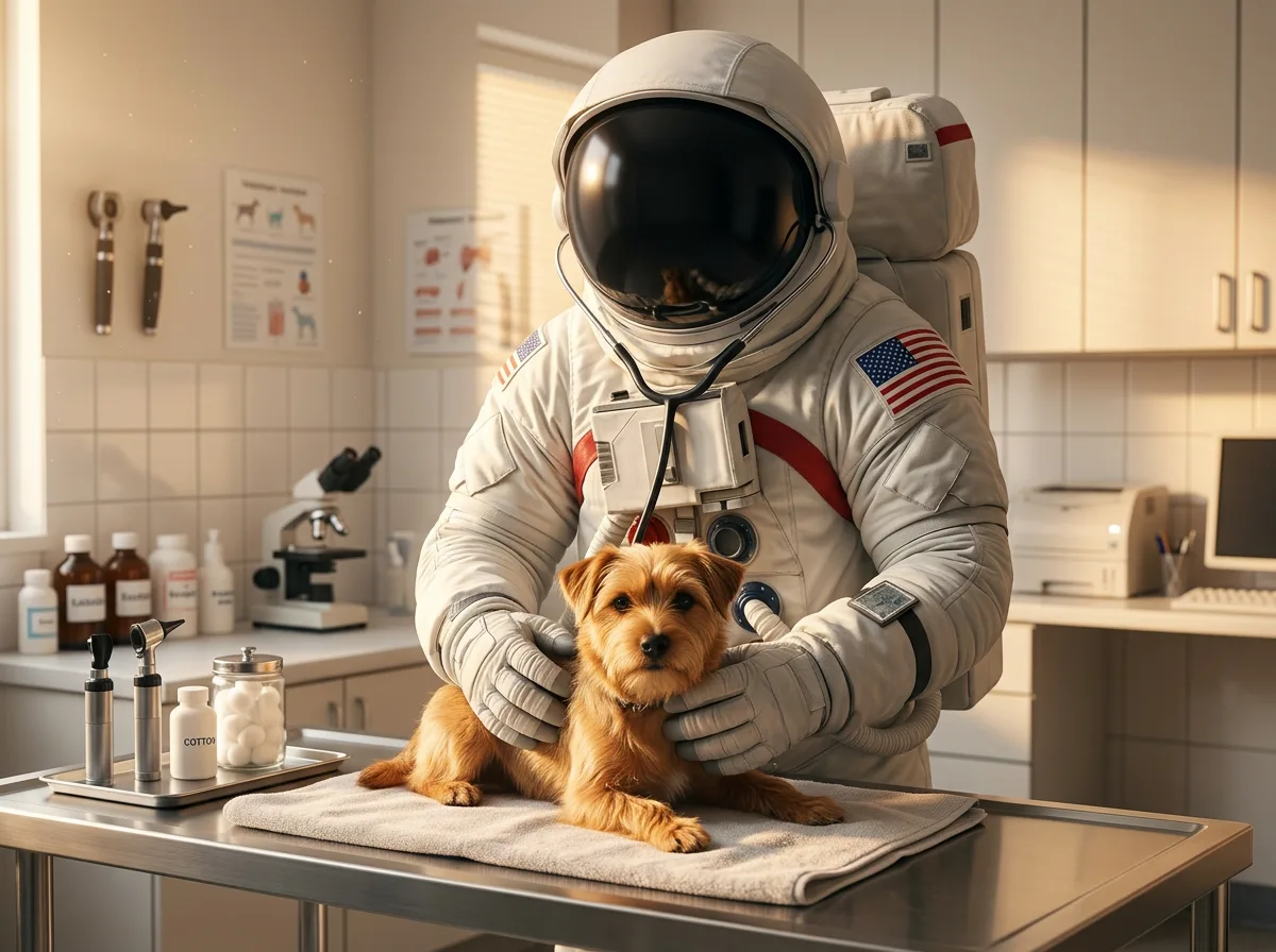 An astronaut examines a small terrier on a stainless steel examination table in a veterinary clinic.