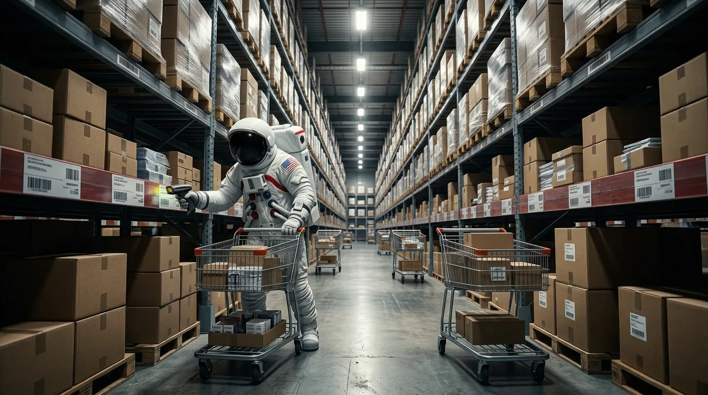 An astronaut pushes a flatbed cart down a long warehouse aisle lined floor-to-ceiling with stacked boxes.