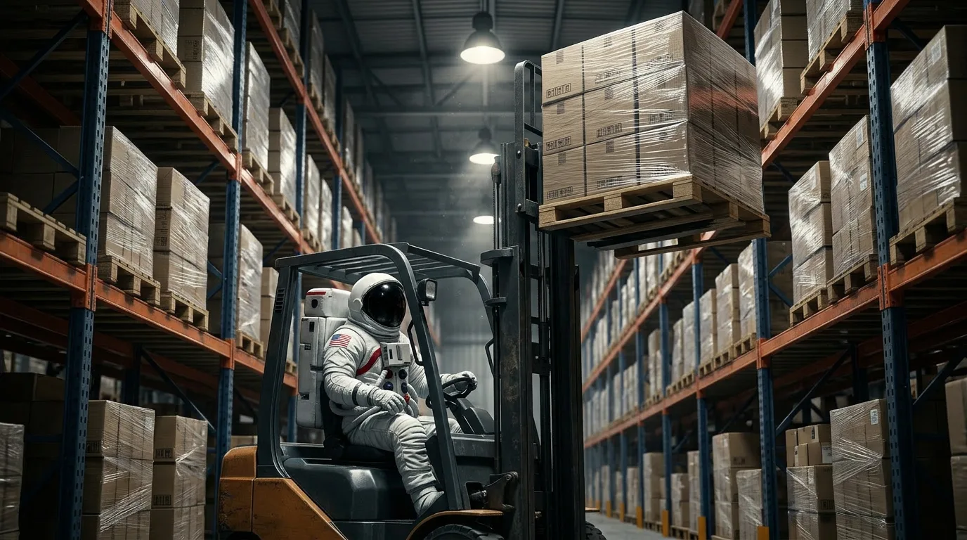 An astronaut drives a forklift through the aisle of a tall industrial warehouse stacked floor to ceiling with palletized boxes.