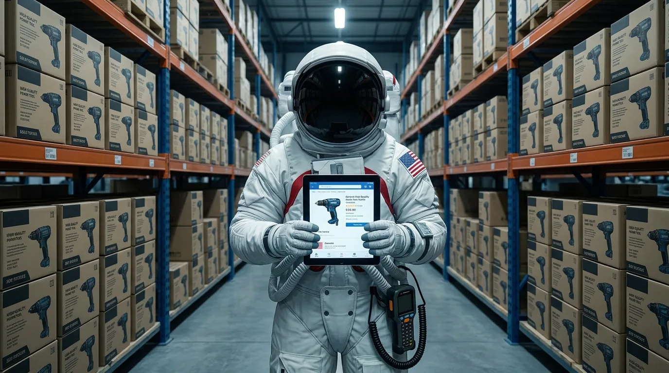 An astronaut stands in a large warehouse aisle holding a tablet scanner with stacked boxes of merchandise behind.
