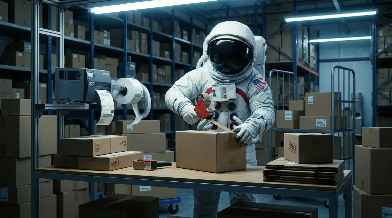 An astronaut tapes a cardboard shipping box at a workstation inside a large warehouse with shelving racks behind.