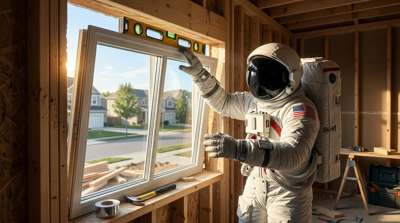 An astronaut uses a level to check a newly installed window frame inside an unfinished wood-framed house under construction.