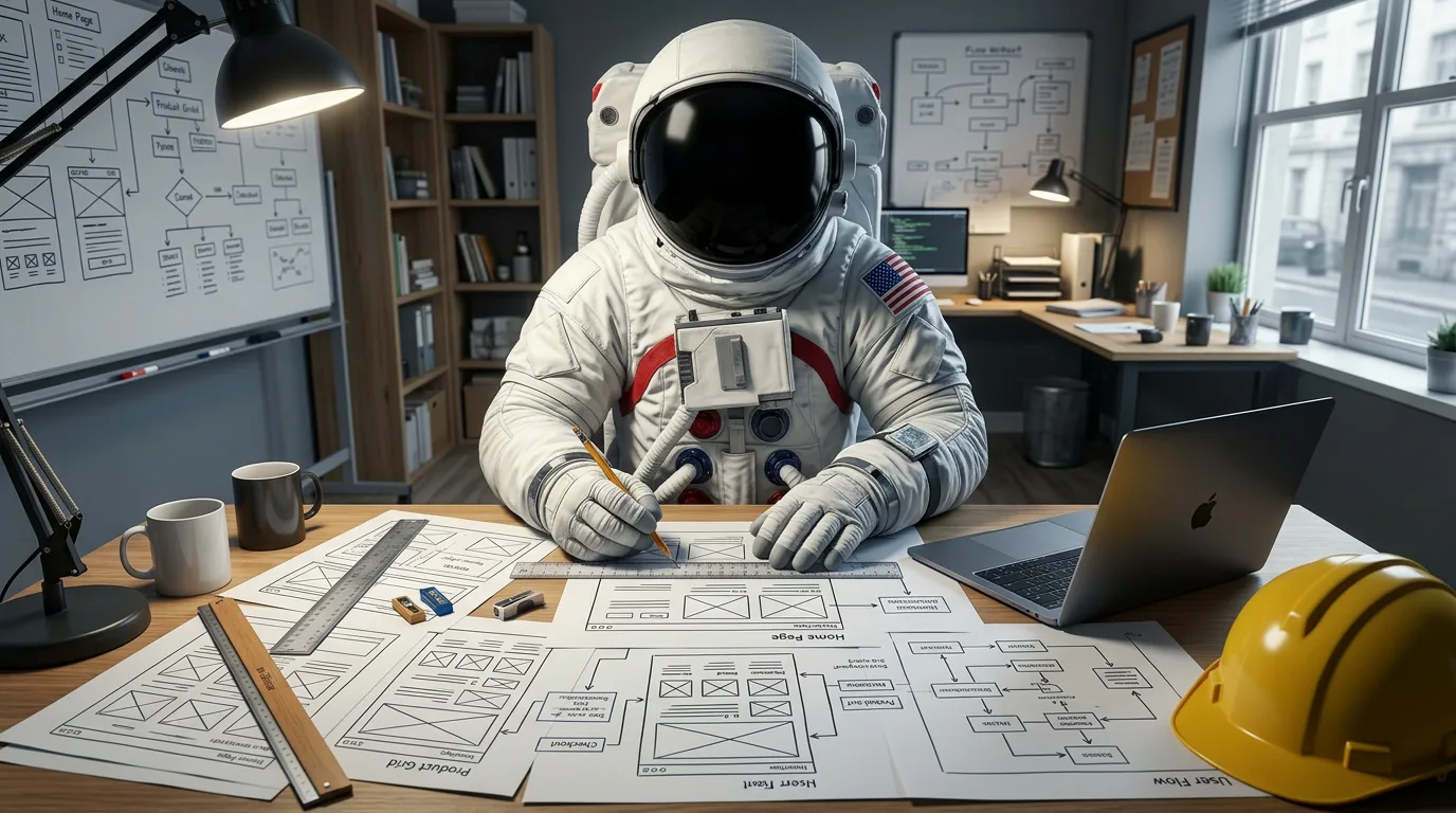 An astronaut leans over large printed wireframe layouts on a drafting desk with a laptop and hard hat nearby in a bright studio.