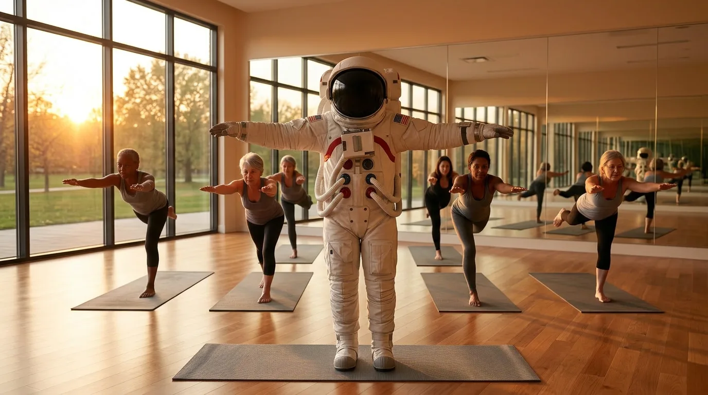 An astronaut stands at the front of a sunlit yoga studio leading a group in a balancing pose at golden hour.