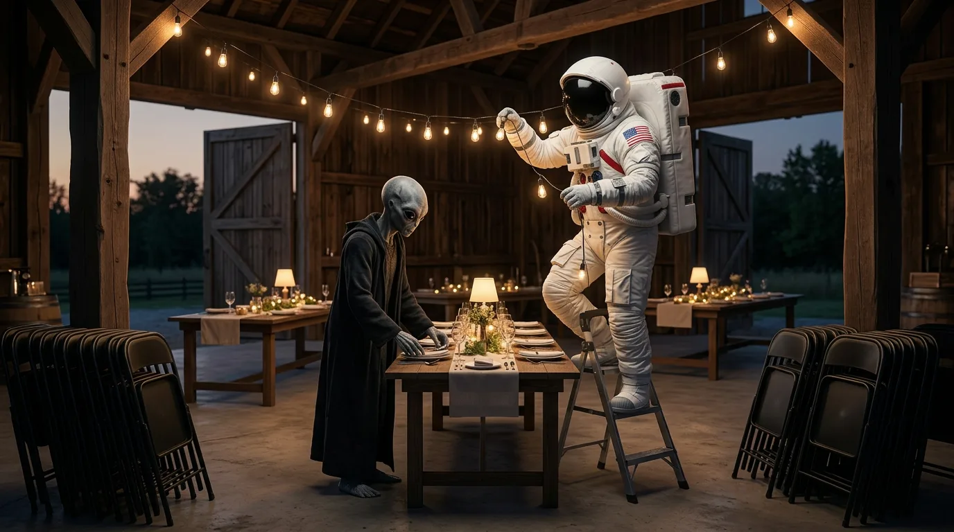 An astronaut on a ladder hangs decorations while an alien arranges a table setting inside a warmly lit barn dressed for a wedding reception.