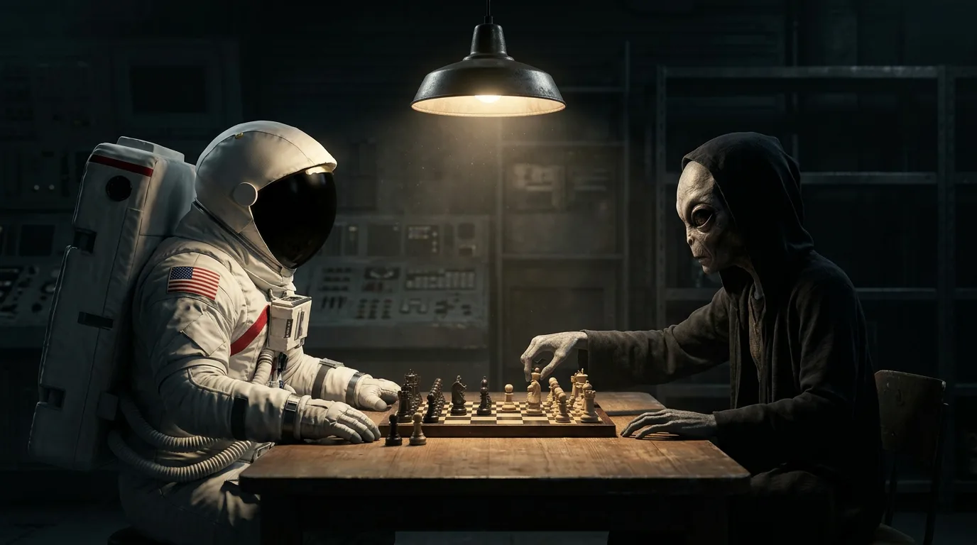 An astronaut and a grey alien face each other over a chess board under a single overhead lamp in a dim interior.