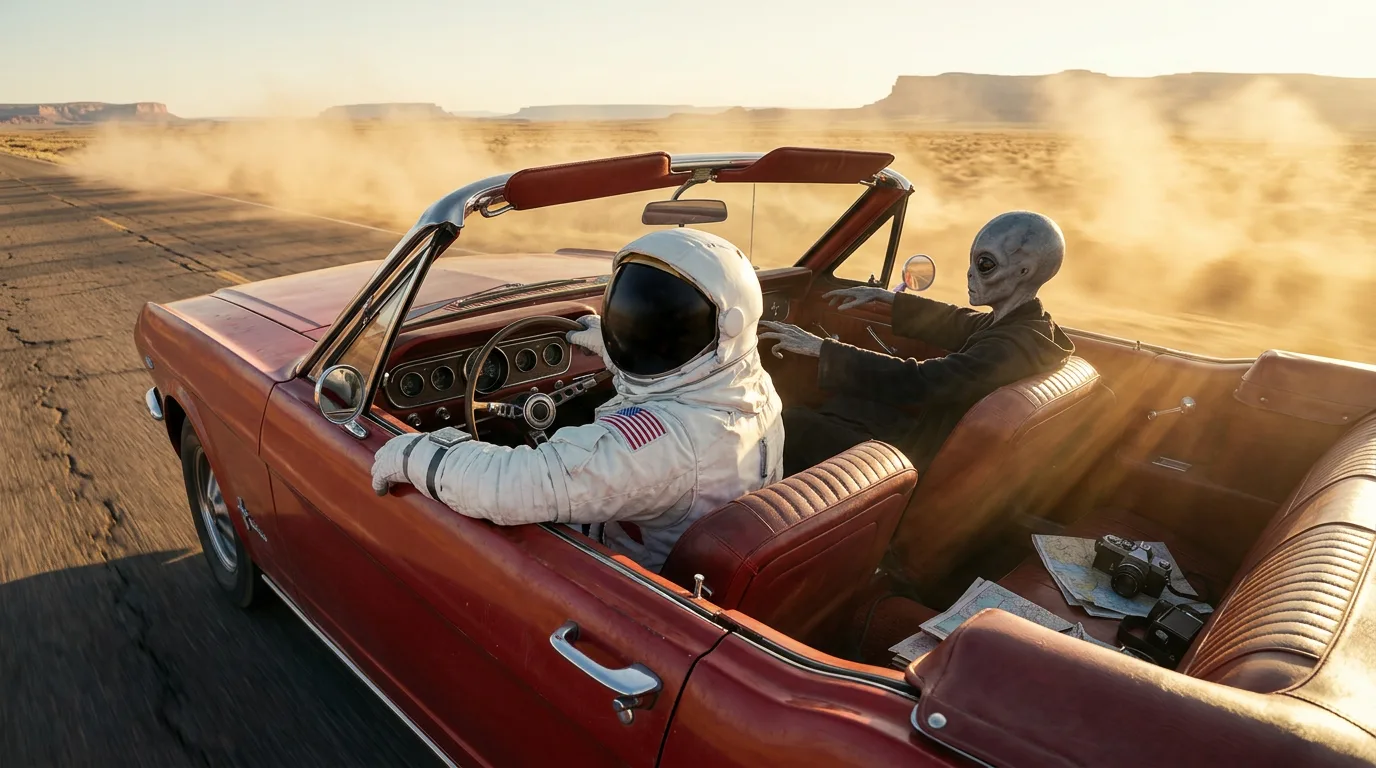 An astronaut drives a red convertible through a dusty desert road with a grey alien riding in the passenger seat.