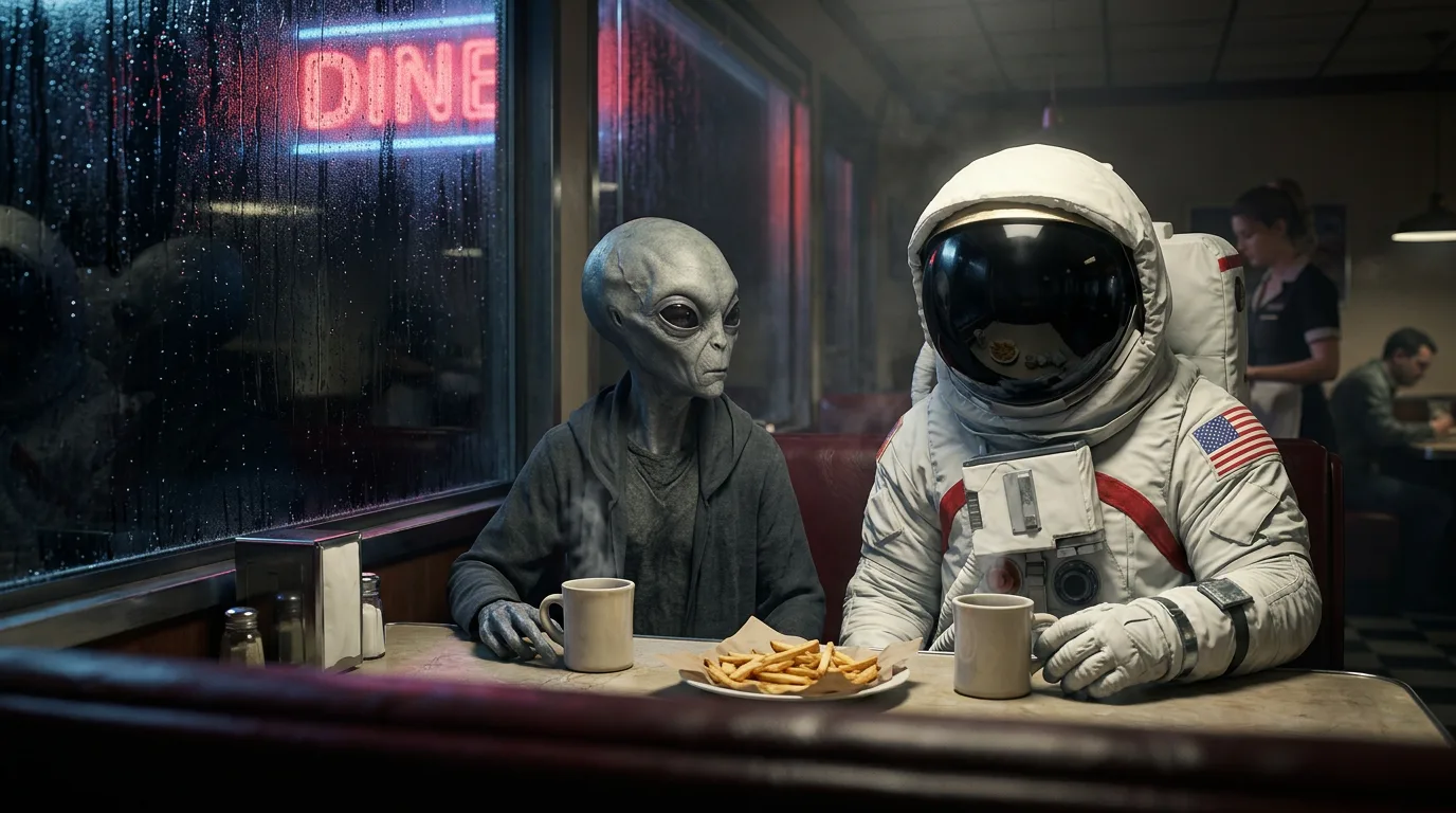 A grey alien and an astronaut sit across from each other in a rainy diner booth, food and drinks on the table and a neon sign glowing outside.