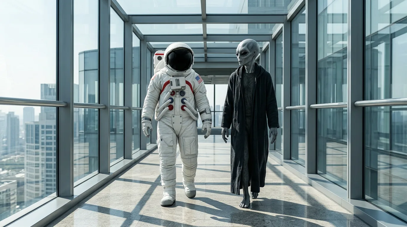 An astronaut and a grey alien walk side by side down a sunlit glass-walled hallway high above a city skyline.