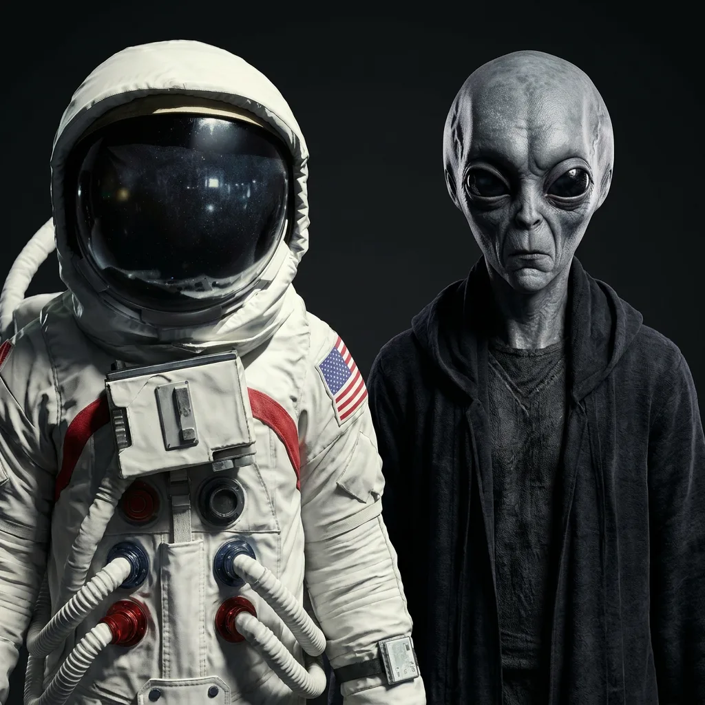 An astronaut in a white spacesuit and a grey alien stand side by side facing the camera against a dark studio background.