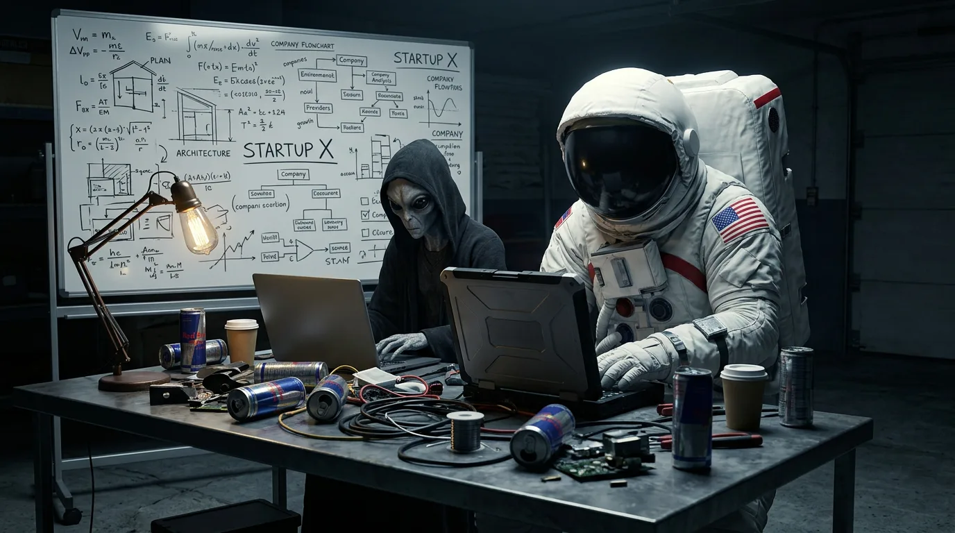 An astronaut works on a laptop at a cluttered desk covered in energy drink cans while a hooded alien sits in the background beneath a startup whiteboard.
